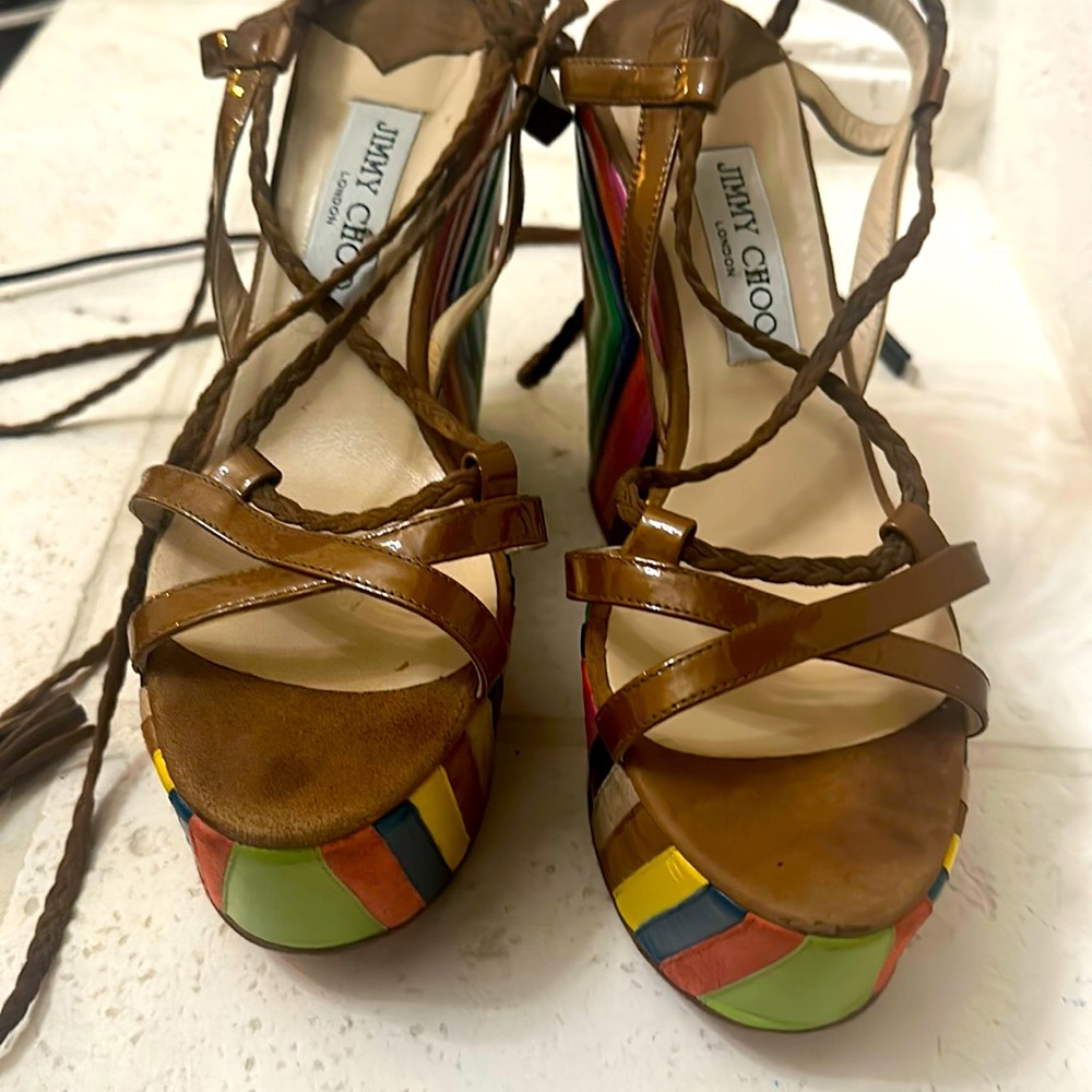 Jimmy choo strappy multi-colored platform sandal, size 40.